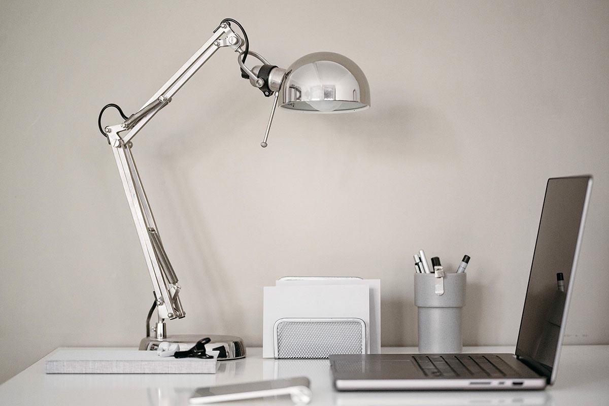 Neutral office desk setup